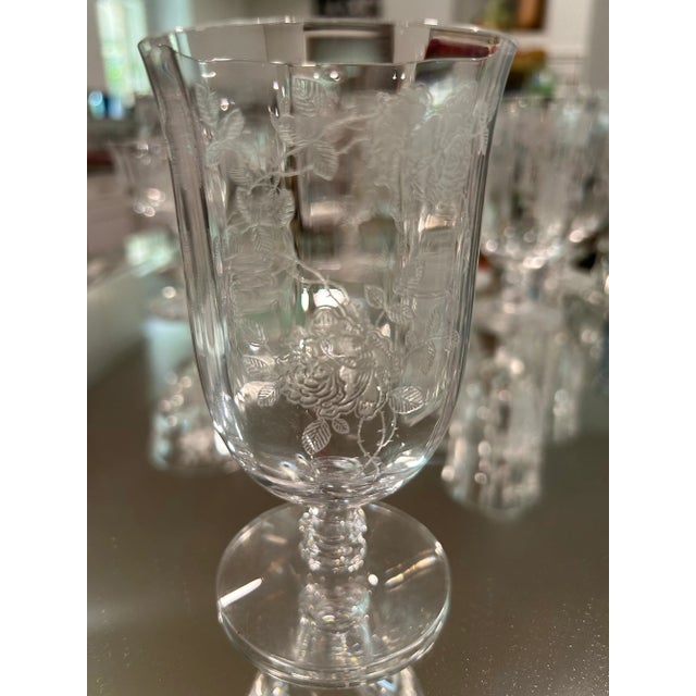 Set of five Fostoria multi purpose iced tea or wine glasses with beautifully etched roses in the very sought after Willowmere