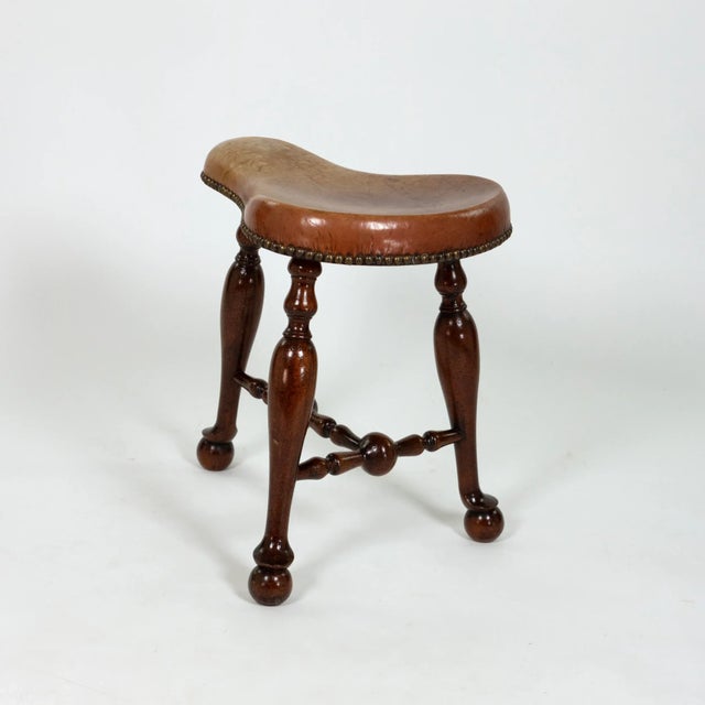 Wood Turned Mahogany Three-Legged Saddle-Seat Stool, Leather Seat With Nailhead Trim English Circa 1850 For Sale - Image 7 of 9