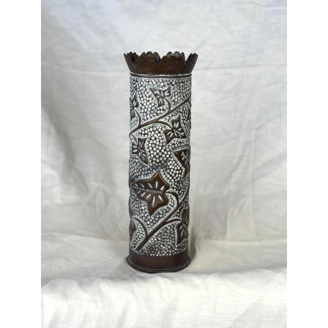1915 French World War I Brass Shell Casings Vases With Leaves Pattern and Serrated Neck For Sale - Image 4 of 11