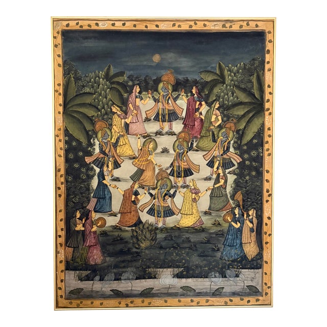 Early 20th Century Pichwai Painting on Fabric From India. Krishna Dances in the Raslila . . . For Sale
