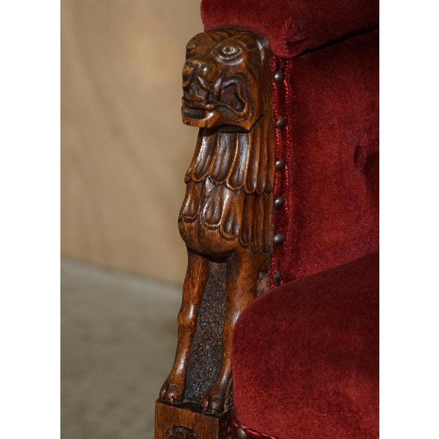 Wood Regency Lions Head Carved Oak Armchair with Oxblood Velour Upholstery, 1810s For Sale - Image 7 of 17
