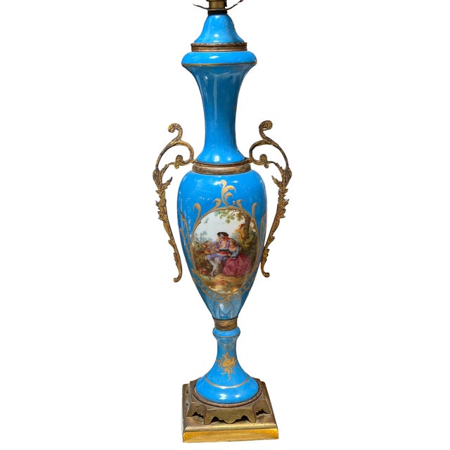 Antique Sevres Blue Scenic Porcelain Urn Now Table Lamp.