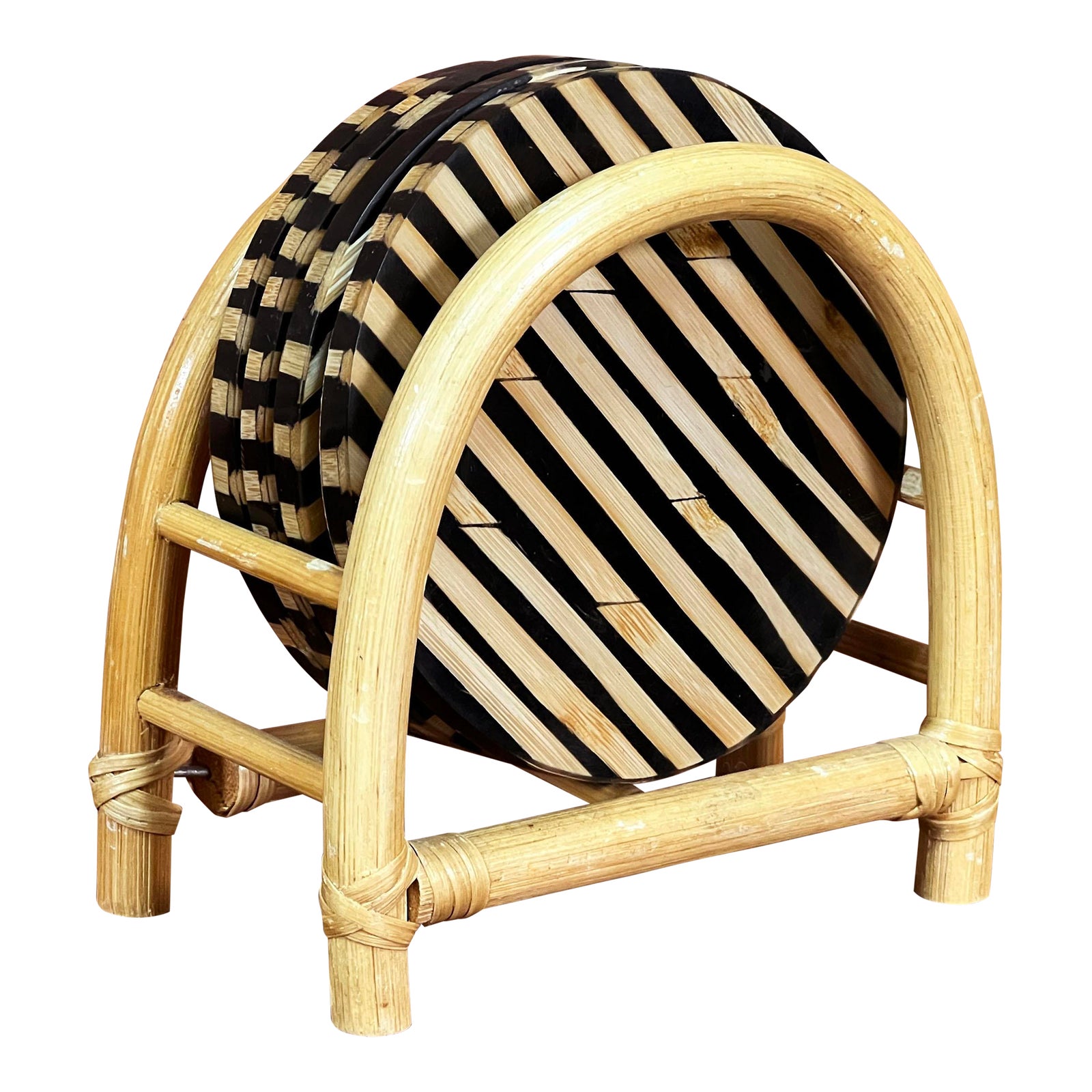 Vintage Split Bamboo Coasters W/ Arched Holder - Set of 4