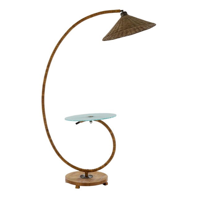 Art Deco Swedish Grace Floor Lamp in Art Glass and Beech, 1930s For Sale