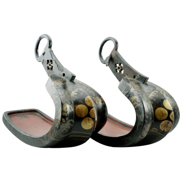Gold 18th Century Japanese Edo Period Lacquered Samurai Iron Stirups - a Pair For Sale - Image 8 of 8