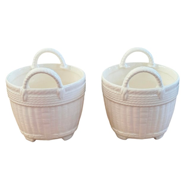 American Vintage Tiffany Porcelain Pair White Basket Cachepots For Sale - Image 3 of 10