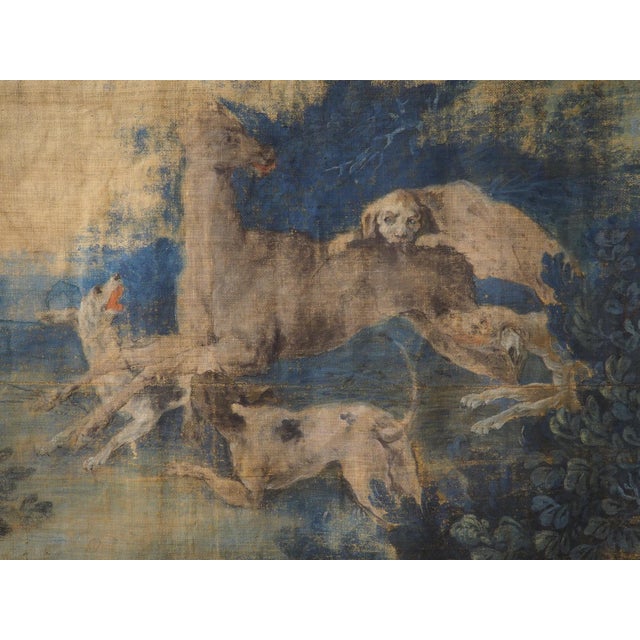 A Large 18th Century French Toile Peinte of a Stag Hunt in the Forest For Sale - Image 11 of 17