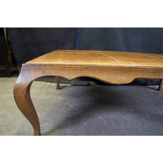 Wood Antique French Country Oak Leather Coffee Cocktail Table For Sale - Image 7 of 12