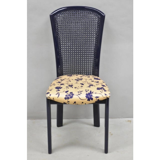 Vintage Italian Hollywood Regency Navy Blue Lacquer Cane Dining Chair - Set of 4 For Sale - Image 15 of 16