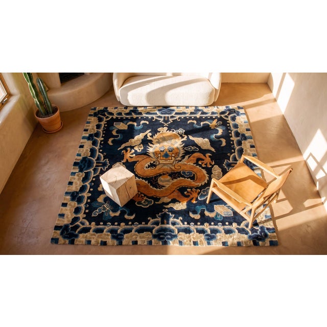 1890s Blue Navy Cloud Band Dragon Antique Chinese Ningxia Rug 3' X 3'2" Knotted Wool Carpet For Sale - Image 15 of 16