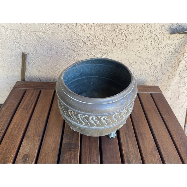 Victorian Antique Brass Jardiniere Planter Geometric Design Motif Ball Claw Three-Foot For Sale - Image 3 of 7