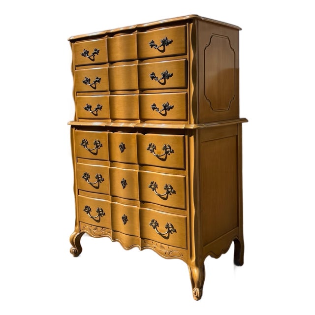 Vintage French Provincial Tall Chest, Serpentine Front Highboy With Carved Apron & Scroll Feet For Sale
