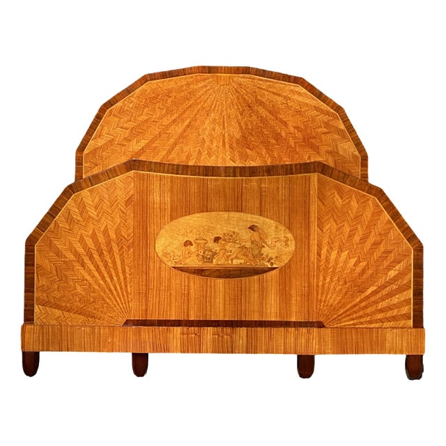 French Art Deco Inlaid Double Bed, 1930s For Sale