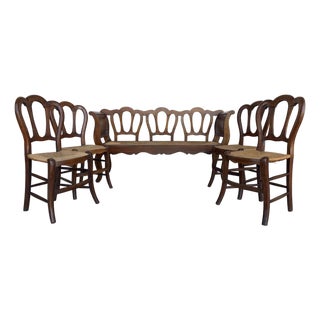 Late 19th Century Set of One Bench and Four Victorian Chairs, Wood and Rattan For Sale