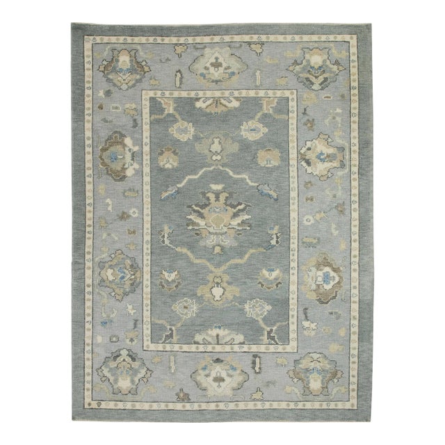 Early 21st Century Blue Floral Design Handwoven Wool Turkish Oushak Rug 5'2" X 6'7" For Sale