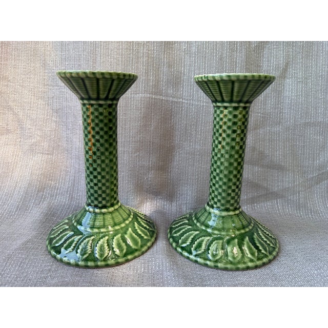 1980s Vintage Bordallo Pinheiro Green Ceramic Candlestick a Pair For Sale - Image 5 of 11