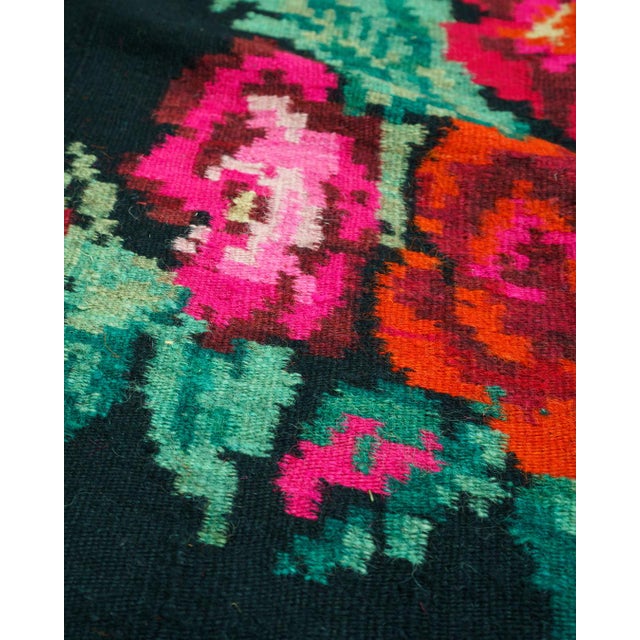 Vintage Romanian-Moldovan Handwoven Wool Flatweave Rug with Dark Floral Folk Pattern and Fringe, 1970s For Sale - Image 10 of 14