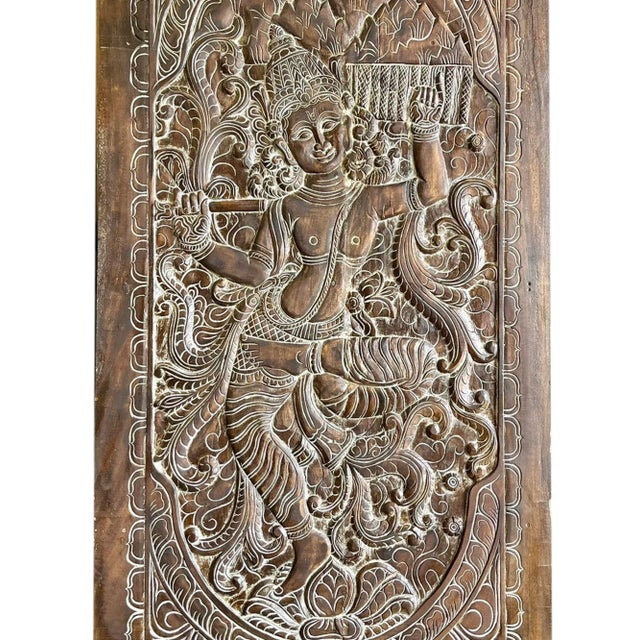 Art Deco Hand Carved Vintage Indian Door Panel – Krishna Wall Art 84x41 For Sale - Image 3 of 6