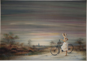 Bernard Charoy, Jeune fille à bicyclette, Lithograph