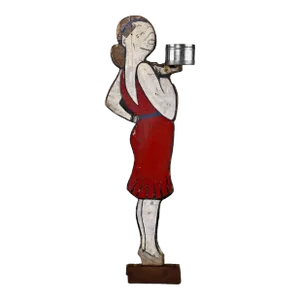 Mid-Century Art Deco Flapper Girl Wood Carved Figural Server Bar Maid