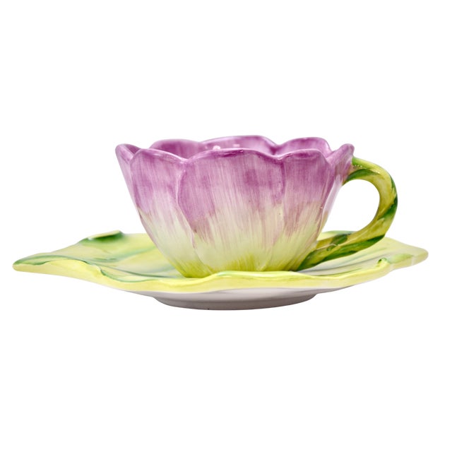 Italian ceramic flower cup and leaf saucer made by Vietri of Italy as part of the Water Garden Collection hand painted in...