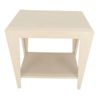 Lacquered Cloth Rectangle Tapered Legs Two Tier Bottom Shelf Beige End Table For Sale