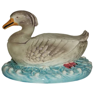 1880s Antique Majolica Duck Tureen Sarreguemines