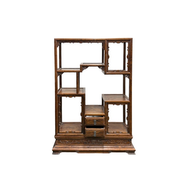 Pair Chinese Vintage Brown Stain Chest Height 51" Curio Display Cabinets For Sale In San Francisco - Image 6 of 11