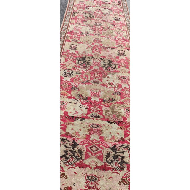 Textile Long Antique Caucasian Karabagh Runner With Ivory and Rose Field Design For Sale - Image 7 of 10
