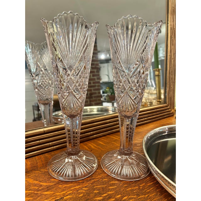 Victorian Early 20th Century "Sun Purple" Brilliant Cut Glass Trumpet Vases- A Pair For Sale - Image 3 of 11
