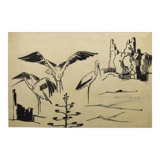 Helen Vogt, Storks, Original Ink and Watercolor, 1930 For Sale