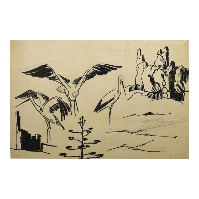 Helen Vogt, Storks, Original Ink and Watercolor, 1930 For Sale