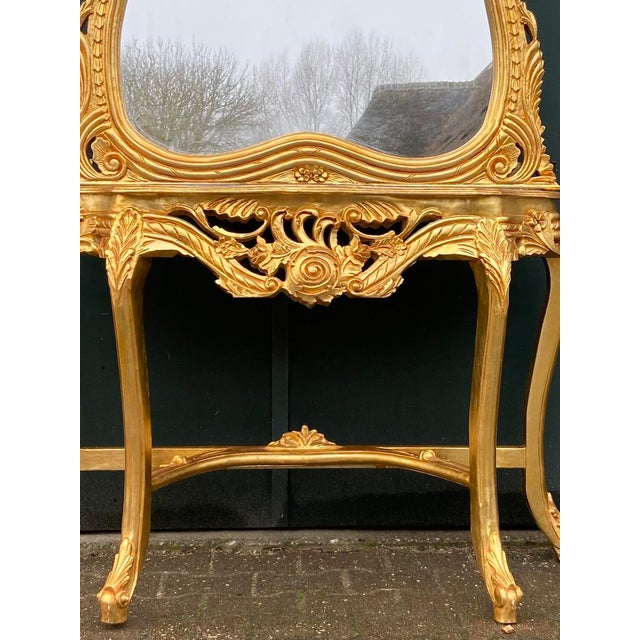 French Mid 20thC French Louis XVI Rococo Gold Console Table With Mirror - Set of 2 Pc For Sale - Image 3 of 11