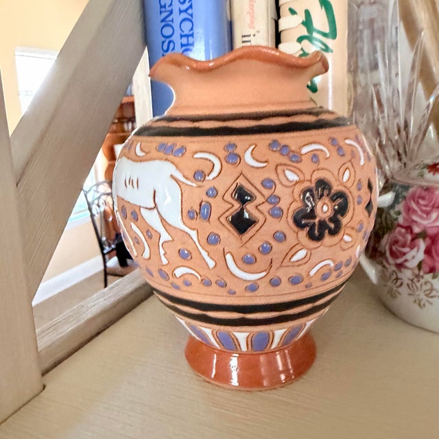 Sand Vintage Giannis Rhodes Hand-Painted Terracotta Vase – Dama-Dama Deer For Sale - Image 8 of 11