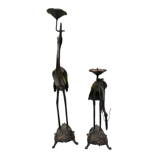Vintage MCM Cast Iron Crane Heron Candlestick Holders Turtle Base Japan Pair For Sale - Image 4 of 18