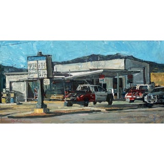 Waiting for Business by Clyde Steadman | Oil on panel Painting of a gas station with vehicles. For Sale