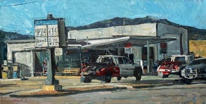 Waiting for Business by Clyde Steadman | Oil on panel Painting of a gas station with vehicles.