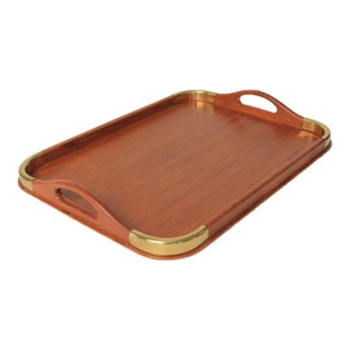 Vintage Teak & Brass Serving Tray For Sale
