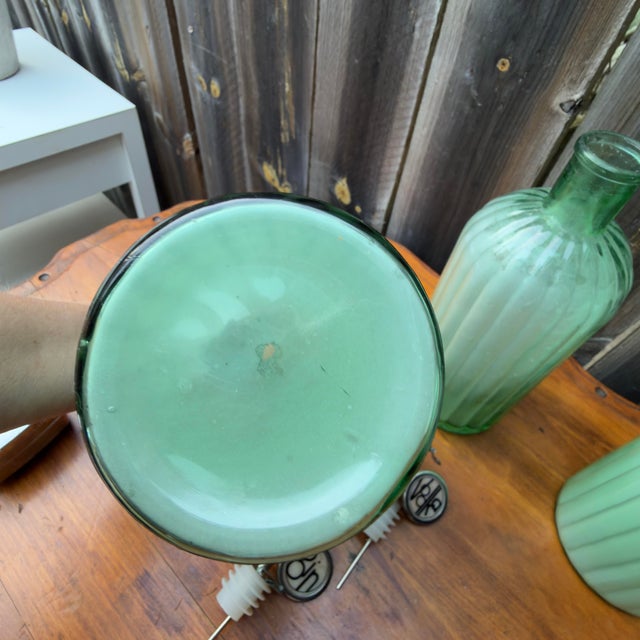 Metal Vintage Green Decanter Bottles With Metal Siphon Discs and Monogram Discs - Set of 3 For Sale - Image 7 of 9
