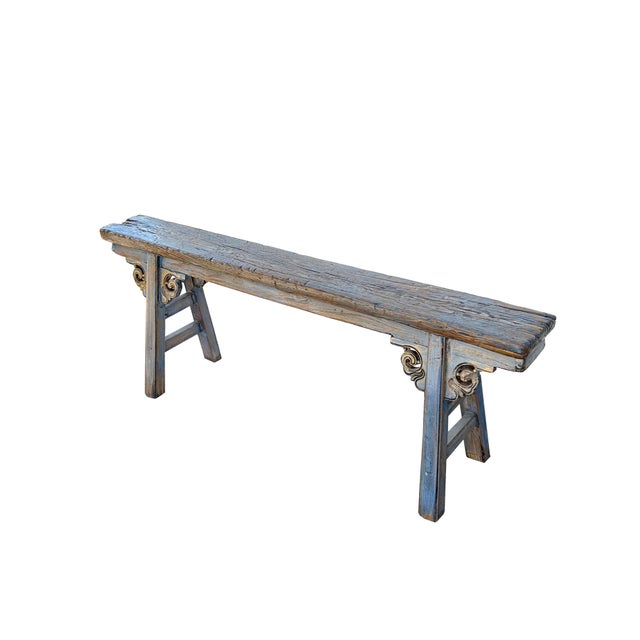 Distressed Brown Light Blue Village Slim Narrow Scroll Apron Wood Bench For Sale - Image 4 of 7