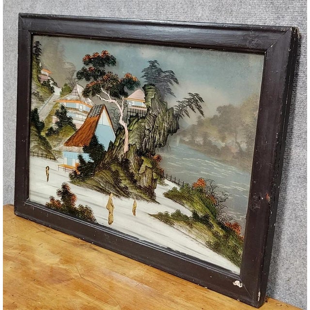 Asia, 19th century: animated landscape under glass black lacquered frame 50 x 69 cm