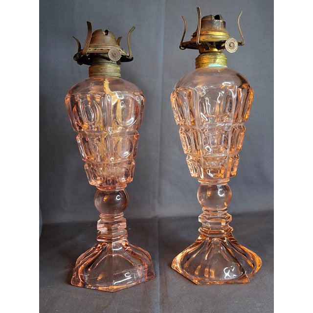 Vintage Pink Pressed Glass Kerosene Table Lamps - Matching Pair With Chimneys For Sale In Boston - Image 6 of 13