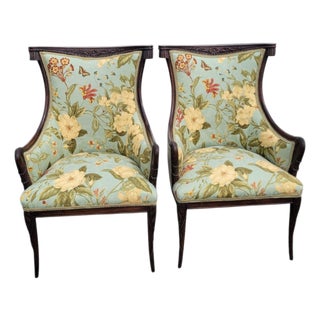 1930s Pair Italian Fireside Chairs Floral Upholstery Carved Wood Accent Chairs For Sale
