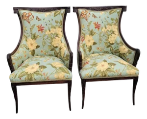 1930s Pair Italian Fireside Chairs Floral Upholstery Carved Wood Accent Chairs