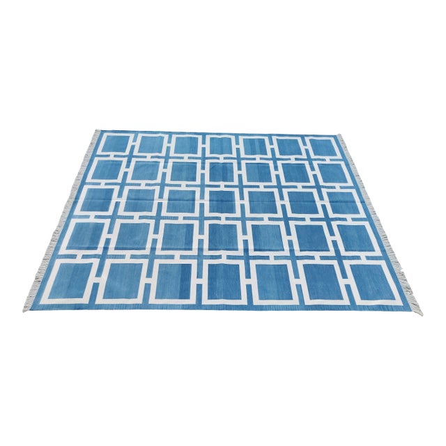 Handmade Cotton Pattern Square Rug, Sky Blue and White 8'x10' For Sale