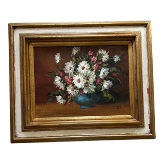 1960s Bursting Daises Floral Oil Painting in Wooden White & Gold Frame For Sale