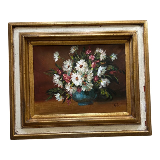 1960s Bursting Daises Floral Oil Painting in Wooden White & Gold Frame For Sale