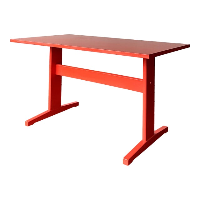 Coral Laquered Mid-Century Danish Modern Minimalist Trestle Dining Table C1960s For Sale