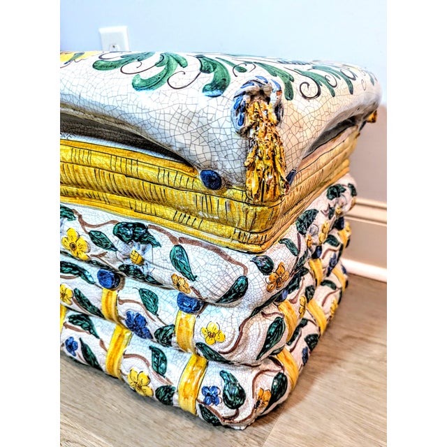 1970s Italian Majolica Stacked Pillows Garden Stool or Ottoman - Trompe l'Oeil Style For Sale - Image 9 of 16