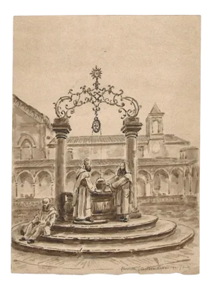 André Maire - Monks At the Well - Ink and Watercolor Drawing - Mid-20th Century